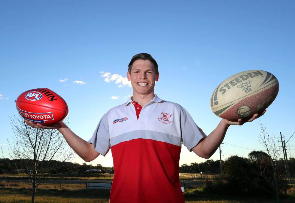 JUGGLING ACT: Collingullie-Glenfield Park defender Luke Murray at home this with with a sherrin and steeden ahead of his first senior grand final with the Demons. Picture: Les Smith