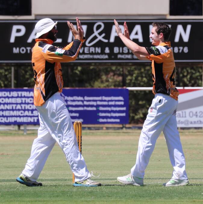 EXPERIENCED HEAD: Wagga RSL paceman Tim Cameron (right) celebrates a wicket during the season. Picture: Les Smith