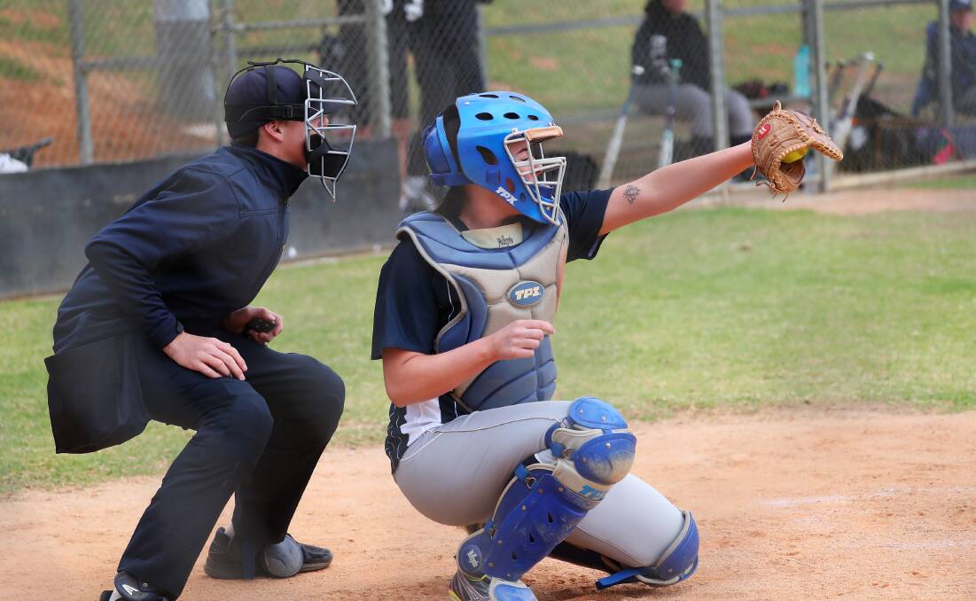 SAFE: Saints catcher Kadison Hofert is one of the keys to her team's chances against Turvey Park Blue in A grade Wagga Softball on Saturday. Picture: Emma Hillier