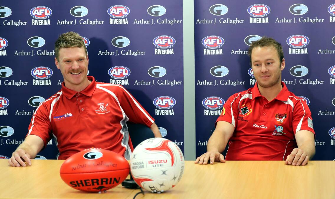Collingullie-GP's Luke Gestier and Griffith's Will Griggs at the grand final media conference on Thursday. Picture: Les Smith