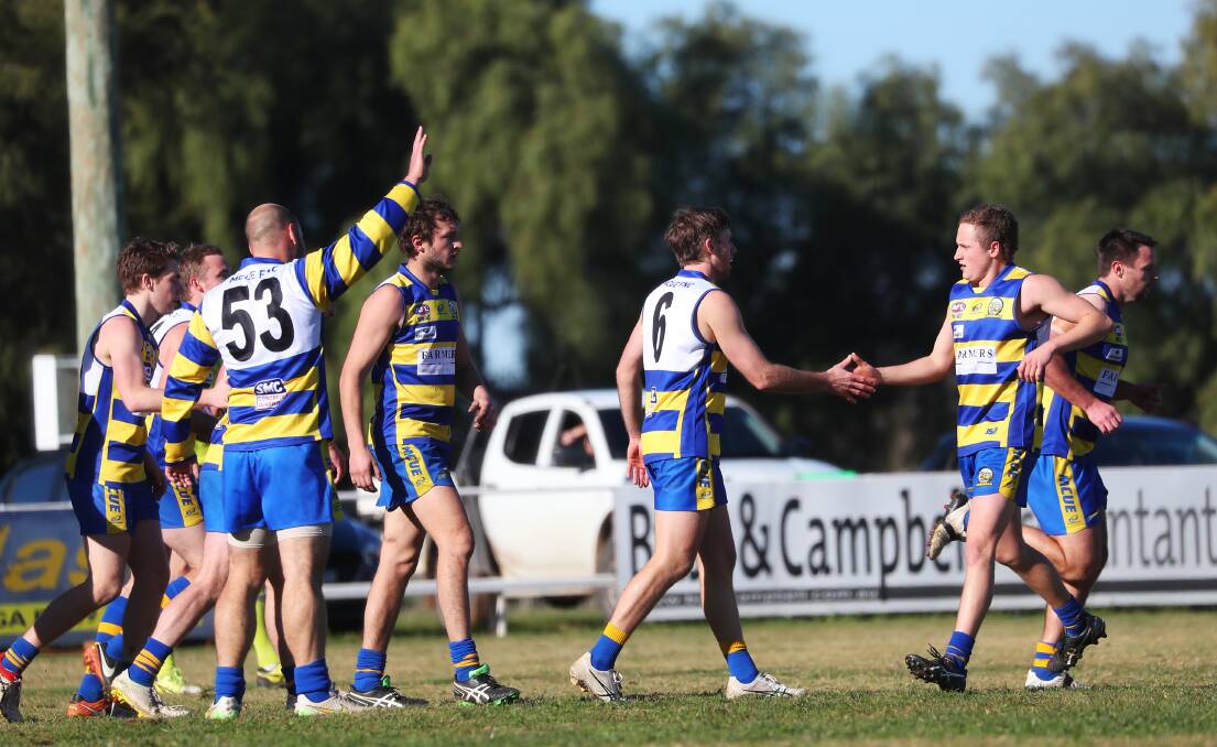 MCUE celebrate an early Ryan Price goal on Saturday at Crossroads Oval.