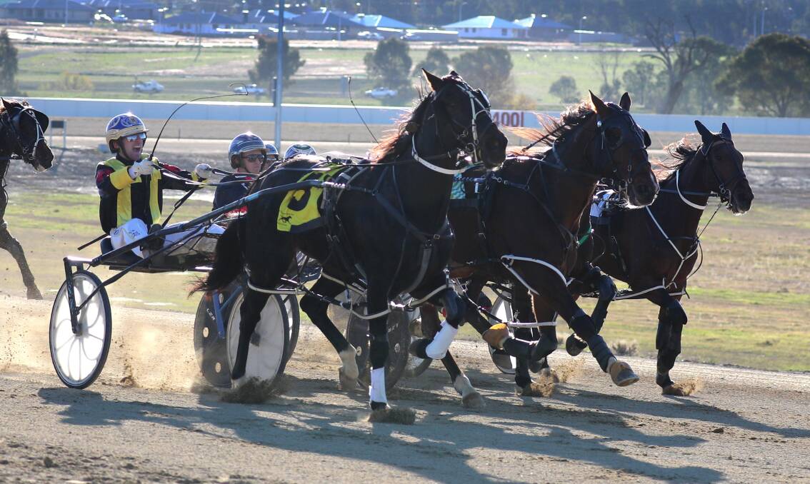 BIG FINISH: Cameron Hart brings Im Feeling Firey down the outside to grab victory at Riverina Paceway in Wagga on Friday. Picture: Les Smith