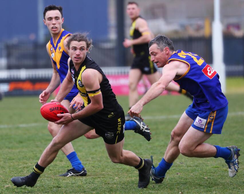 YEAR OVER: Wagga Tigers defender Campbell Lovell will miss the remainder of the Riverina League season with a broken hand. Picture: Emma Hillier 