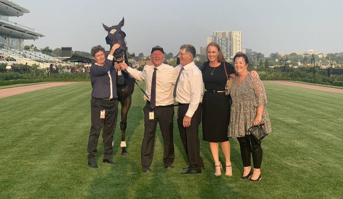 CITY SUCCESS: Albury trainer Donna Scott (left) with Lord Von Costa and his connections after the win at Flemington on Saturday.