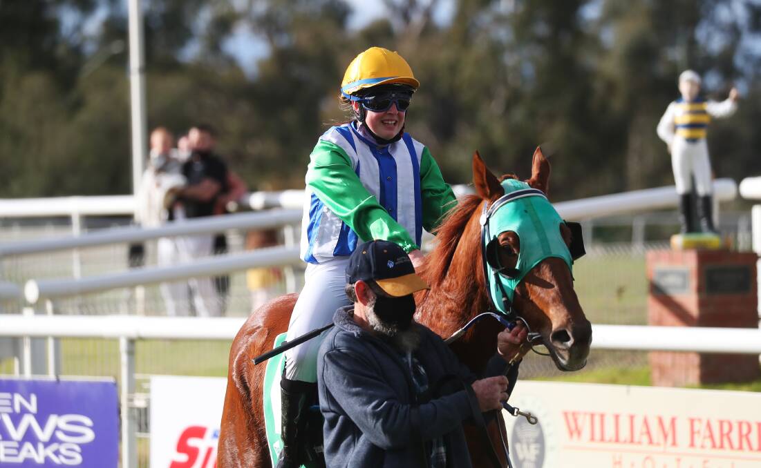 DAILY DOUBLE: Wagga apprentice jockey Molly Bourke returns after her win on My Solaki, her second victory for the day at Murrumbidgee Turf Club on Monday. Picture: Emma Hillier