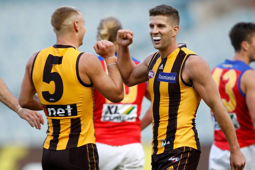 LET'S DO IT: Luke Breust celebrates a goal in Hawthorn's round one win over Brisbane Lions. Picture: Getty Images