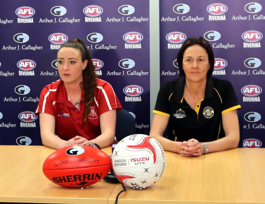 Collingullie's Jemima Norbury and Wagga Tigers' Julie Cornell at the grand final media conference on Thursday. Picture: Les Smith
