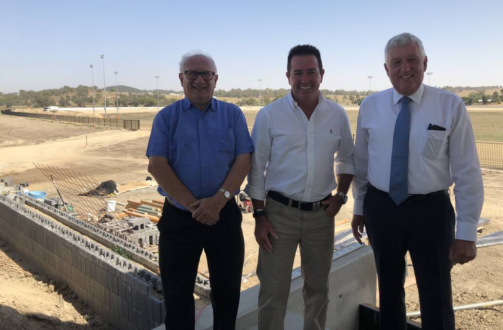 Wagga Harness Racing Club president Terry McMillan, racing minister Paul Toole and Harness Racing NSW chairman Rod Smith at the new $12 million Cartwrights Hill facility, Riverina Paceway, on Wednesday. Picture: Matt Malone