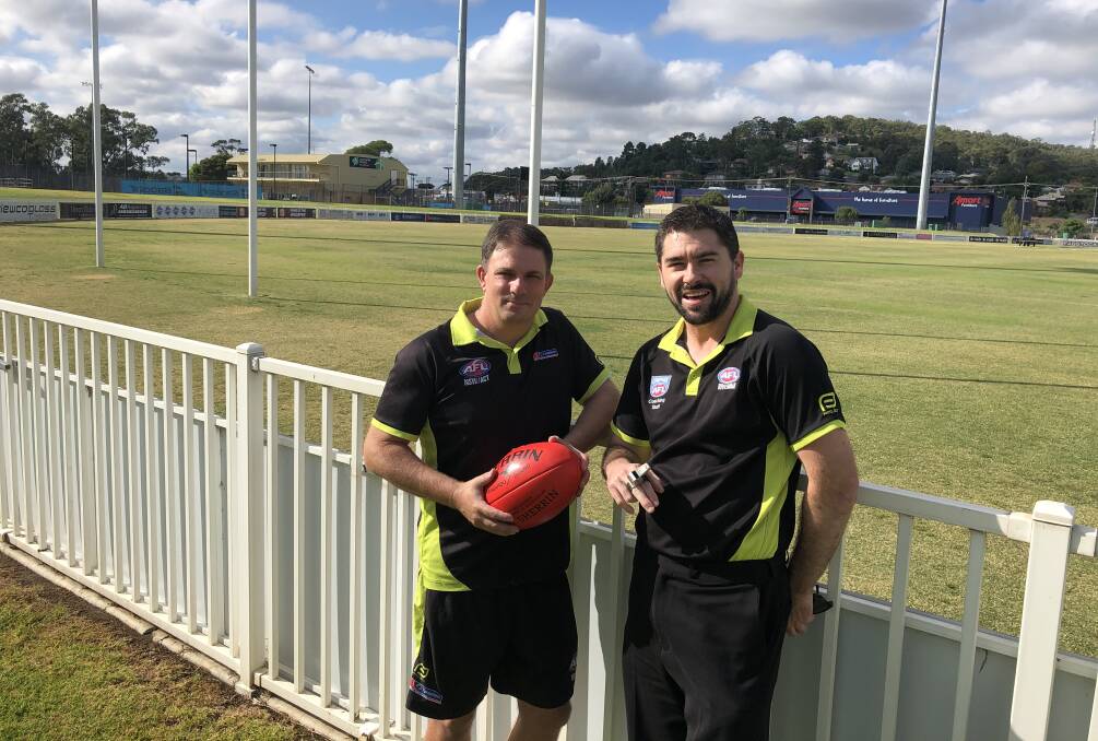EXCITING TIMES: AFL umpire coordinator for ACT and regional NSW, Troy Mavroudis, and Riverina Umpires Association president Ryan Dedini. Picture: Peter Doherty