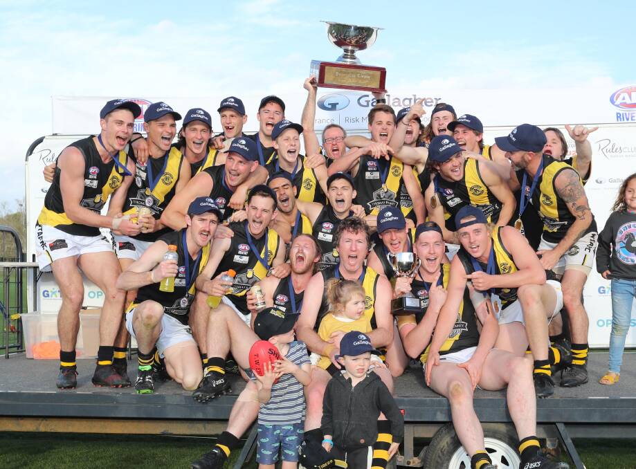 PREMIERS: Wagga Tigers celebrate their 20-point grand final victory over Griffith at Narrandera Sportsground on Saturday. Picture: Les Smith