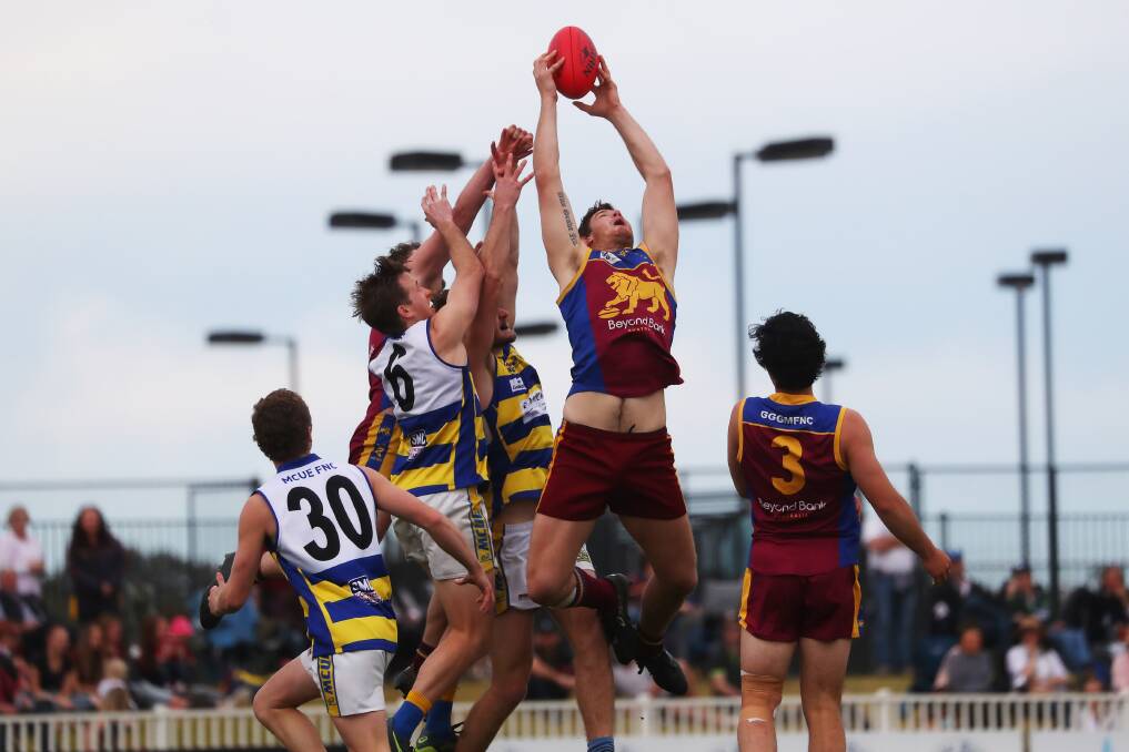 STRONG: Jacob Olsson takes a big mark in the Lions elimination final loss to Mangoplah-Cookardinia United-Eastlakes.
