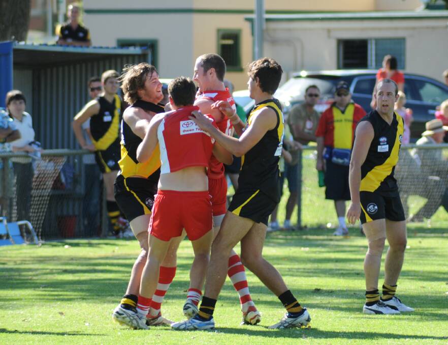 Matt Noonan in a stoush against Wagga Tigers when playing for Griffith in 2011.