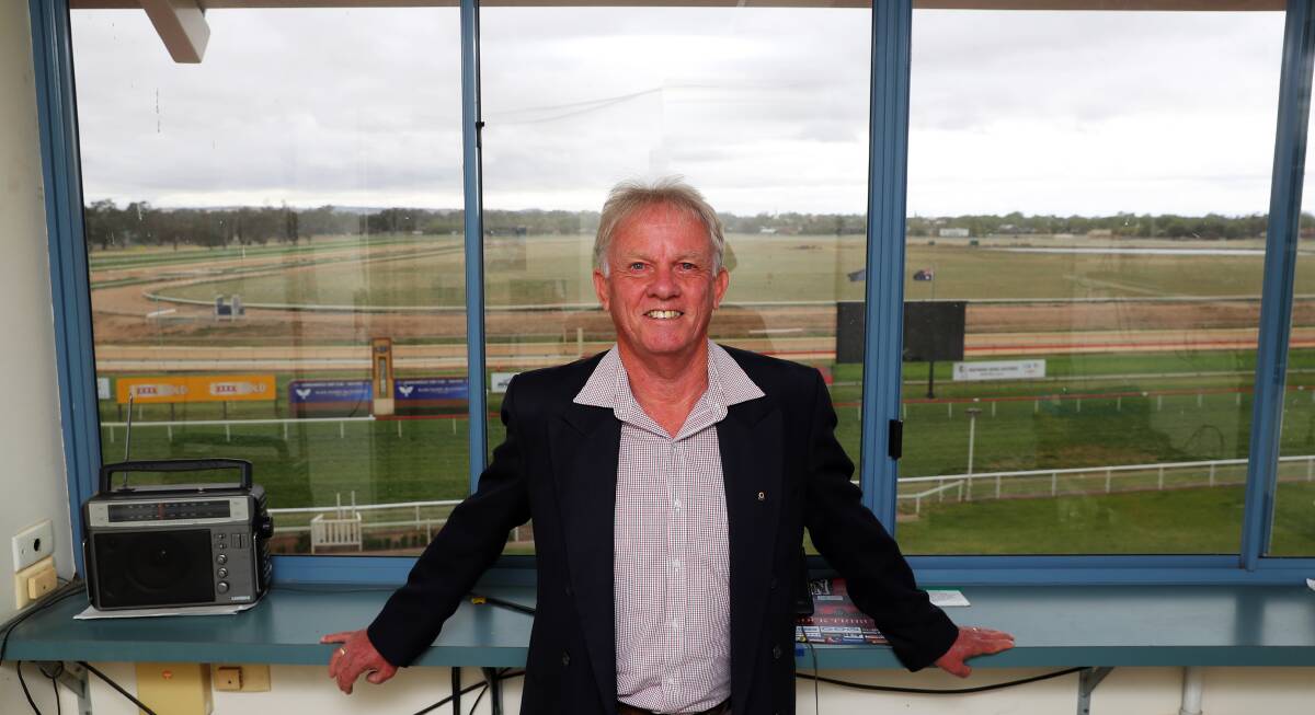 Allan Hull in the callers box at Murrumbidgee Turf Club. Picture: Emma Hillier