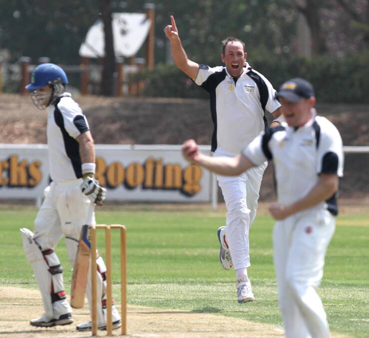 Cootamundra's Dean Bradley celebrates the wicket of Jon Nicoll in an O'Farrell Cup match in 2014.