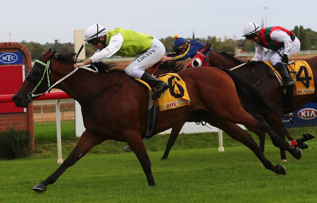 TOO GOOD: Delta Rose scores her maiden victory at Murrumbidgee Turf Club on Tuesday. Picture: Emma Hillier