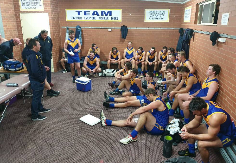 RELIEF: Narrandera co-coaches Jamie Grintell and Shaun Brooker talk to the players after the big win over Leeton-Whitton on Saturday night.
