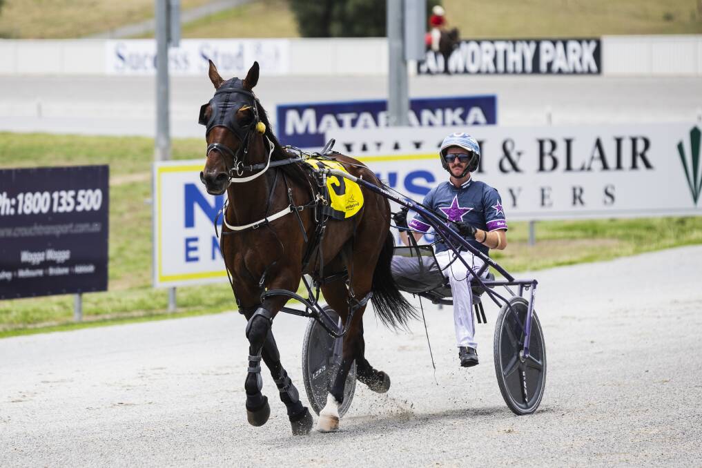 Blake Jones returns after his second win of the day, this time on Rock The Tableau at Riverina Paceway on Friday. Picture by Ash Smith