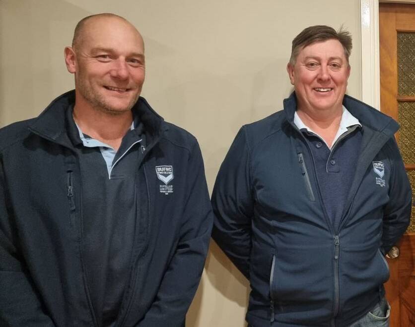 Barellan president Jeff Mickan (left) welcomes on board new coach Peter Green for the 2024 Farrer League season. Picture supplied