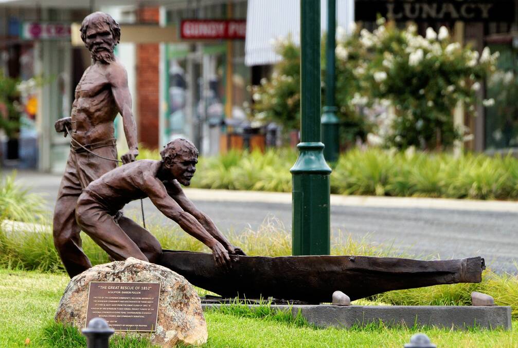 The Great Rescue of 1852: This sculpture in the main street of Gundagai celebrates the heroism of two Wiradjuri men. Picture: Betty Crane