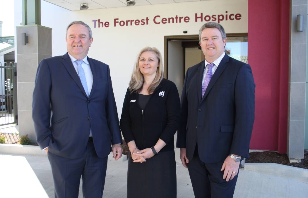 NEW FACILITY: The Forrest Centre's chairman of the board of directors Peter Fitzpatrick, director of nursing Tania Tellus and chief executive officer Evan Robertson are ready for the official opening of the palliative care hospice.
