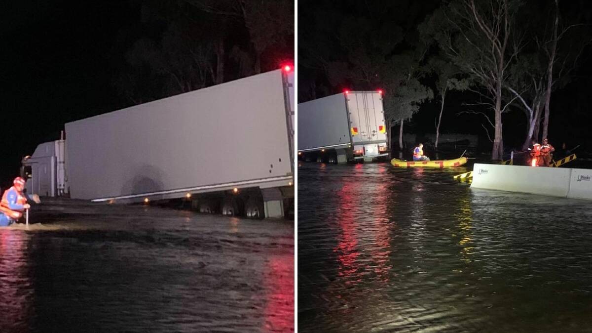 RESCUED: The driver of the truck was "thankful and relieved" when SES teams rescued him from flood waters. Picture: Temora SES