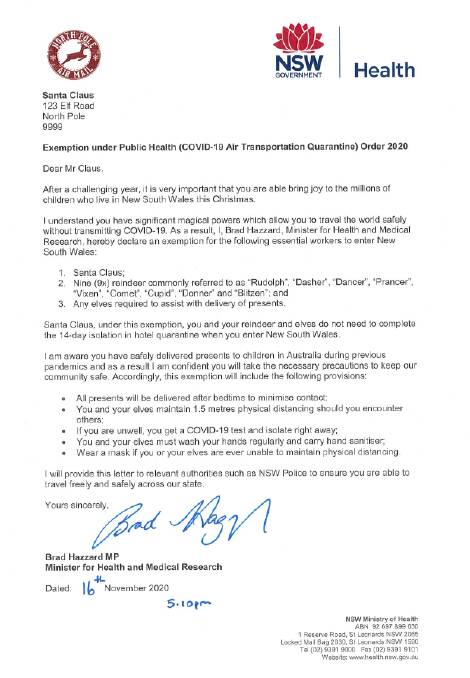 Brad Hazzard, NSW health minister, granted specific approval for Santa Claus to travel into the state without requiring the 14-day isolation. Source: Facebook