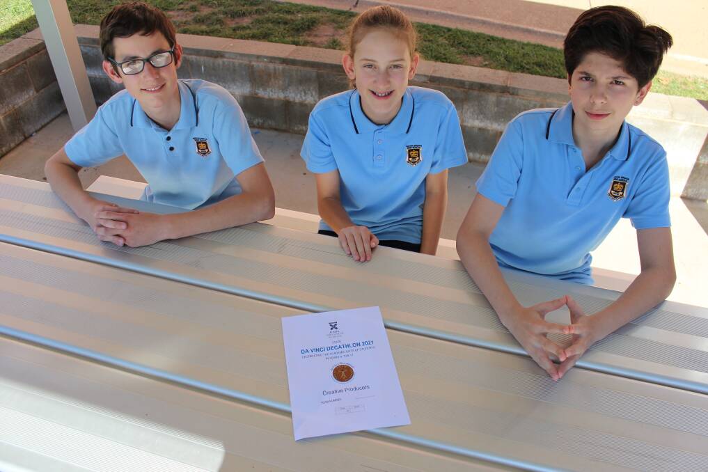 MEETING OF THE MINDS: Wagga High School students Baden Blanch 14, Linley Elliott 12, and Jasper Scarrone 15, competed together in the Knox Grammar Da Vinci Tournament of the Minds this week. Picture: Emma Horn