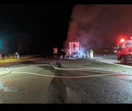 TP ON FIRE: A truck transporting toilet paper caught alight outside of Jugiong on Friday morning. Picture: Jugiong Rural Fire Brigade
