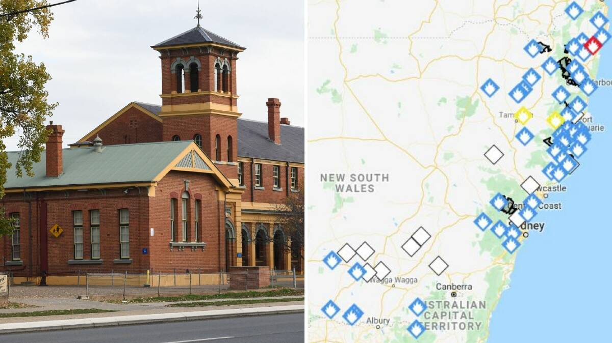 SMOKE CONCERNS: South Wagga Public School (left) was one school that made the decision to keep students inside during breaks yesterday as smoke from the state's fires (right) swept across the region.