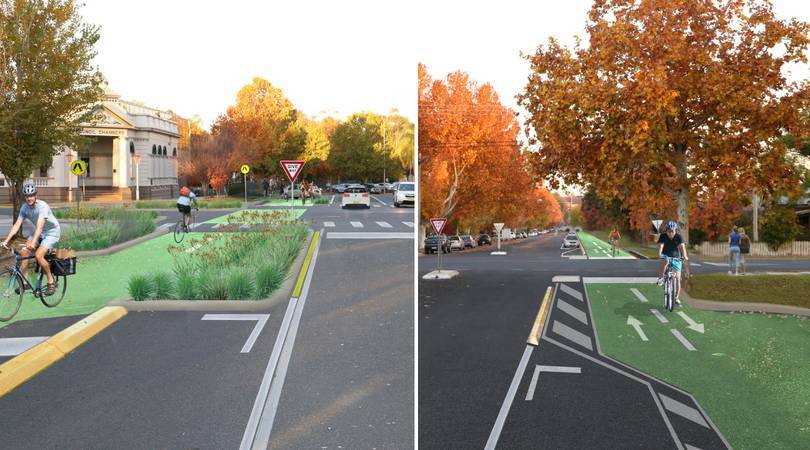 SHARED SPACE: Concept art of council's bike paths along Morrow and Baylis streets (right), and Fox and Forsyth streets (left) Released late last year. Picture: Wagga City Council