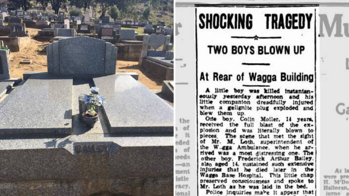 REMEMBERING THE DEAD: The grave of Frederick Bailey (left) at the Monumental Cemetery in Wagga along with the report of the two boys' death in The Daily Advertiser, 1944 (right).