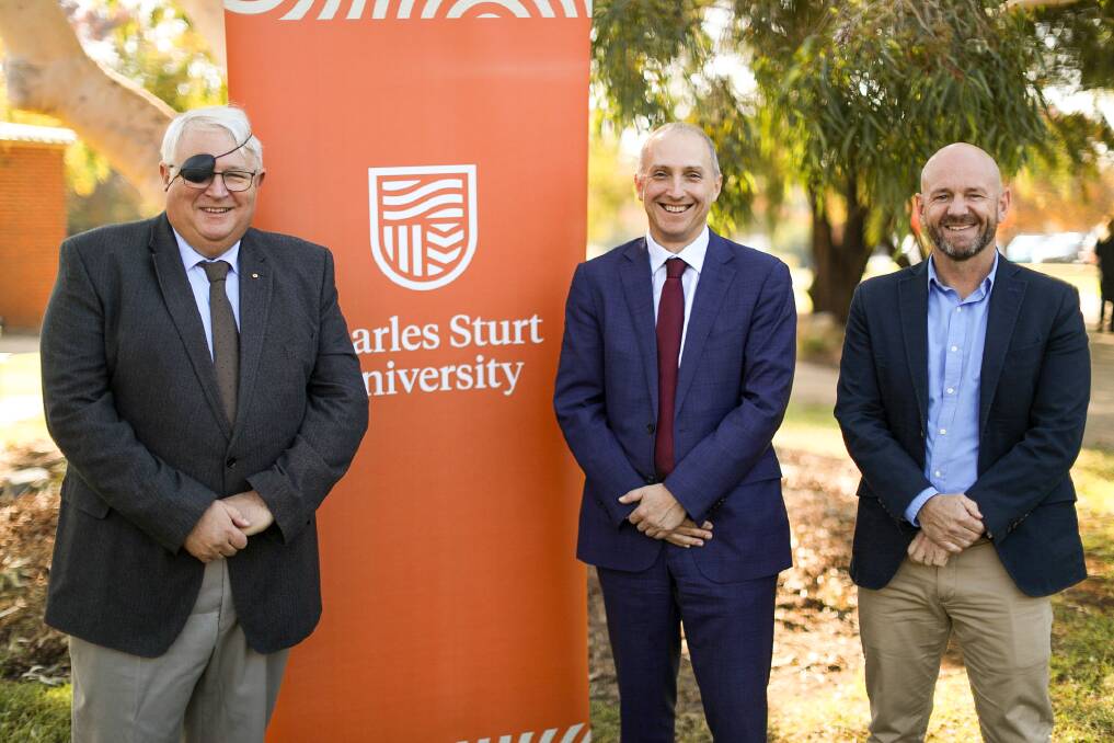 FUTURE PROOFING: Department of Agriculture secretary, Andrew Metcalfe AO, with Charles Sturt University acting vice-chancellor John Germov and professor of food sustainability Niall Blair.