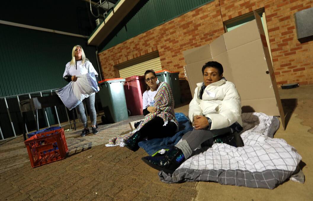 SLEEPING ROUGH: Simone Hodge, Bonnie Jackson and Nathalie Prentice take part in the 2018 community sleep out to raise awareness for homelessness in the region. Picture: FILE
