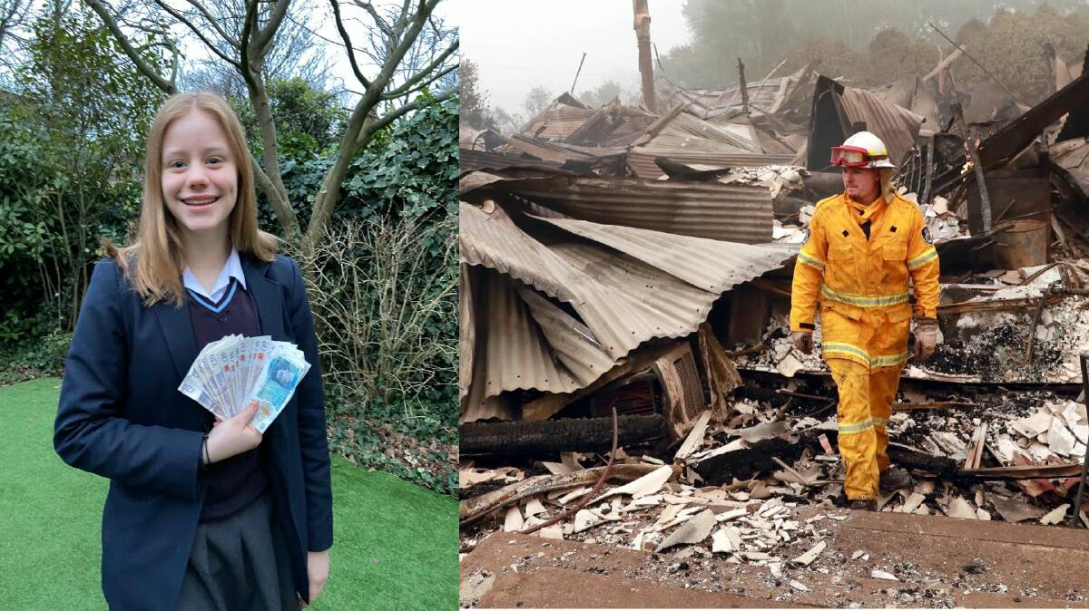 BUSHFIRE FUNDS: (left) Sophie Winters 14, raised hundreds for the fire-affected Tumbarumba and Batlow. (right) Chris Gibson from Mildura wades through the wreckage of the old hospital in Batlow.