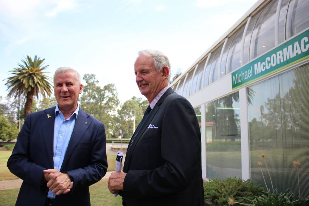 CASH SPLASH: Deputy prime minister and Riverina MP Michael McCormack with Wagga City Mayor Greg Conkey at the announcement on Thursday.