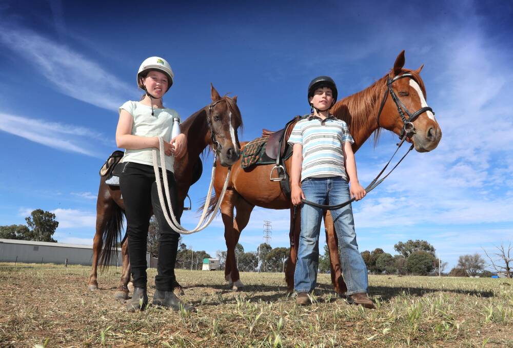 TALKING HORSES: Bridget Irons, 10, and Jordan Irons, 11, with their horses at home in Lake Albert. Picture: Les Smith