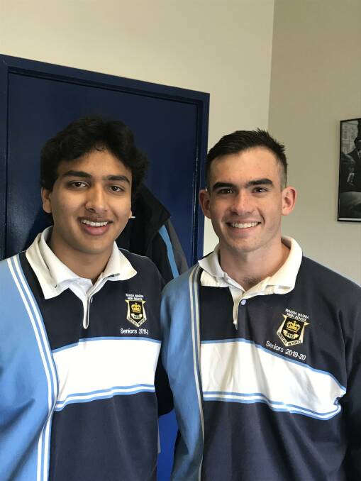 Harshil Rawal 17, and Sam Trood 18, soon after finishing their HSC English Paper 1 on Tuesday. Picture: Chris Davies