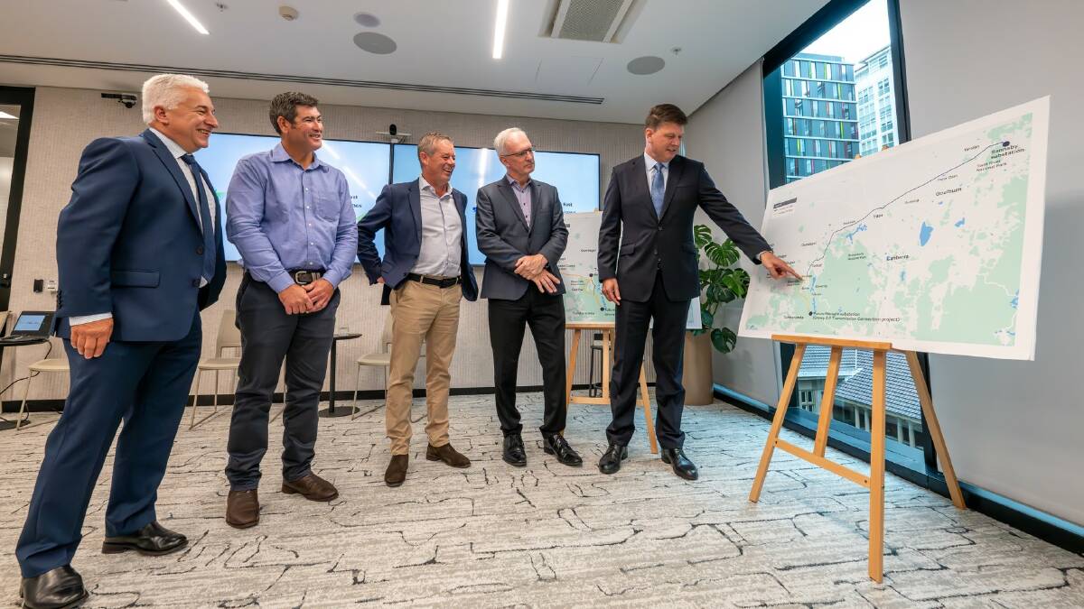 CPB Contractors general manager NSW Infrastructure Rob Monaci; GenusPlus Group managing director David Riches; ACCIONA chief operations officer, Andre Noonan; UGL managing director Doug Moss; and Transgrid CEO Brett Redman discuss the HumeLink route. Picture supplied.