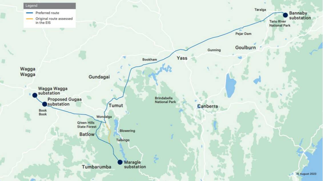 TransGrid's preferred route for its 385km HumeLink transmission line from Maragle to Bannaby. Image supplied.