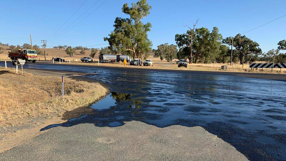 A huge slick of oil that spilled on the Sturt Highway after a crash at Alfredtown on Monday afternoon. Picture: Traffic and Highway Patrol Command - NSW Police Force
