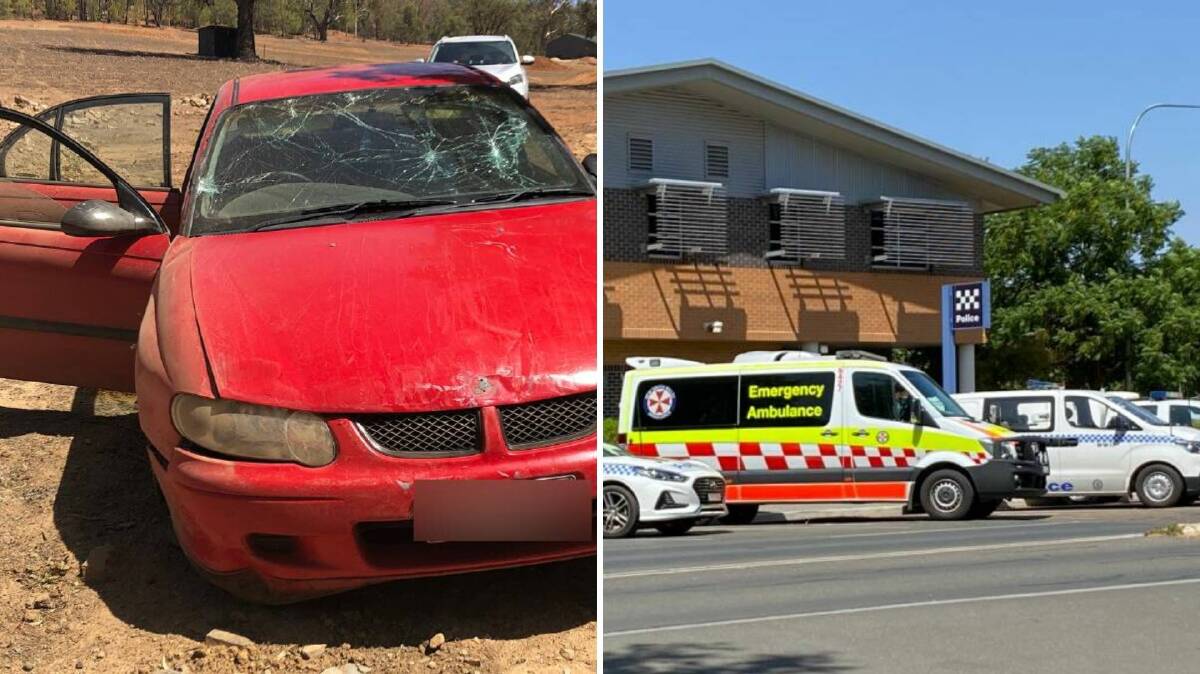The vehicle allegedly involved in a pursuit at Wagga on Monday, and (right) paramedics were called to the Wagga police station assess three children that were in the car at the time.