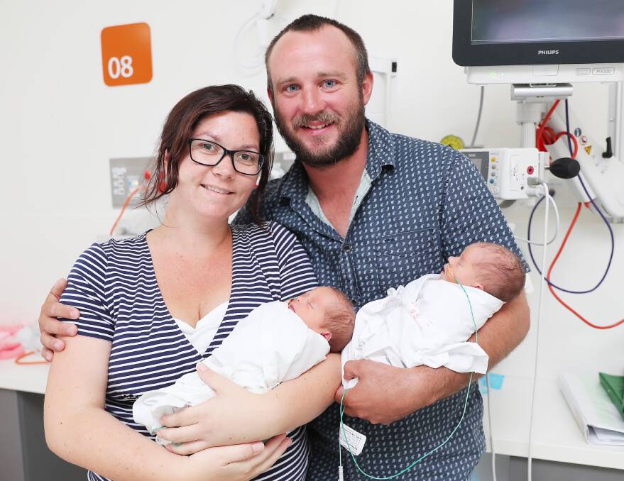 Lily and John Weymouth with their new arrivals Indi and Kenna, who were born over the weekend during a baby boom at Wagga Rural Referral Hospital. Picture: Kieren L Tilly