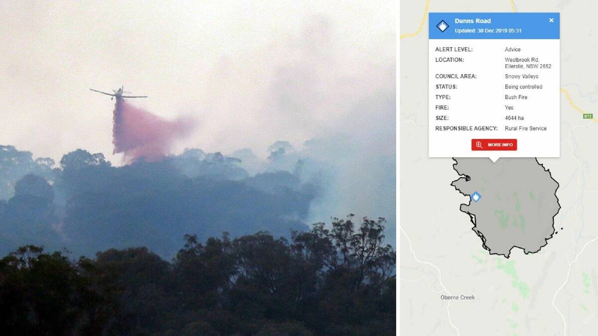 A water bombing aircraft douses a bushfire with fire retardant at Ellerslie on Sunday afternoon. Picture: Les Smith
