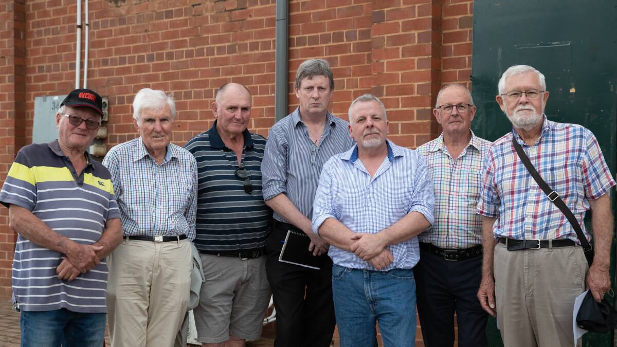 Councillor Richard Foley (third from right) with Wagga Residents and Ratepayers Association members Gary Gurtner, Doug Hill, Steve Donelan, president Chris Roche, Gary Roberts and Gordon Murray at the Inland Rail drop-in session held at Kyeamba Smith Hall. Picture by Madeline Begley