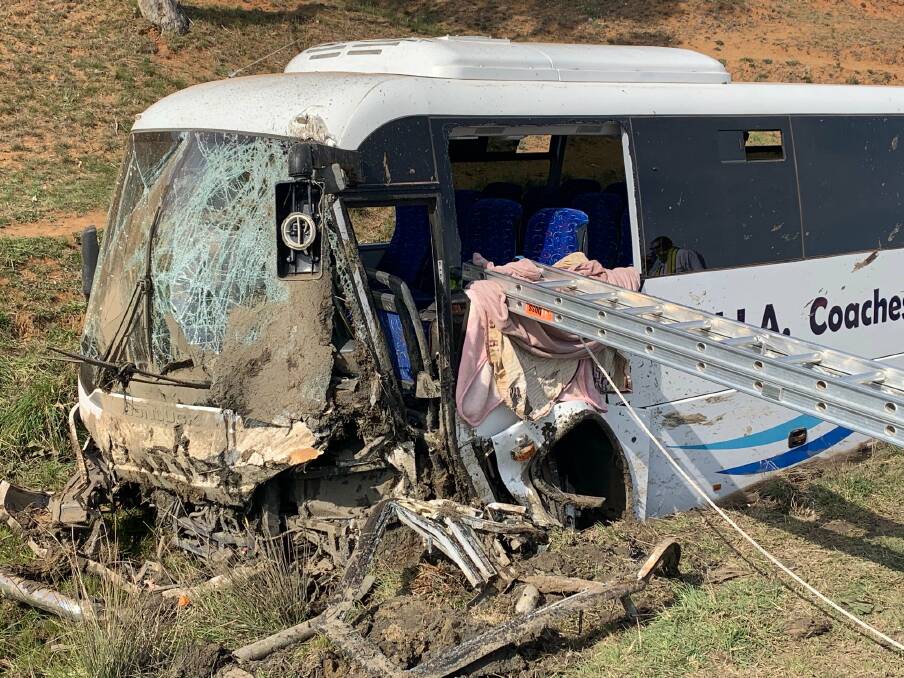 SMASHED: A bus, which was travelling from Griffith, crashed near Harden on Friday morning. Picture: NSW Ambulance