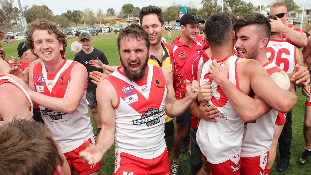 EMOTIONS ON HIGH: Griffith's reserve grade side revel in victory over Collingullie-Glenfield Park on Saturday. Picture: Les Smith