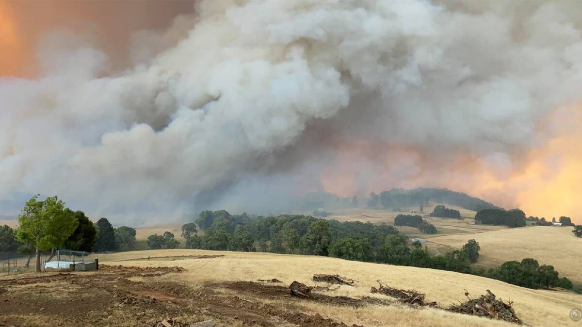 The Dunns Road fire from the top of Madday Road at Batlow at 2.50pm. Picture: James R Zimmerman
