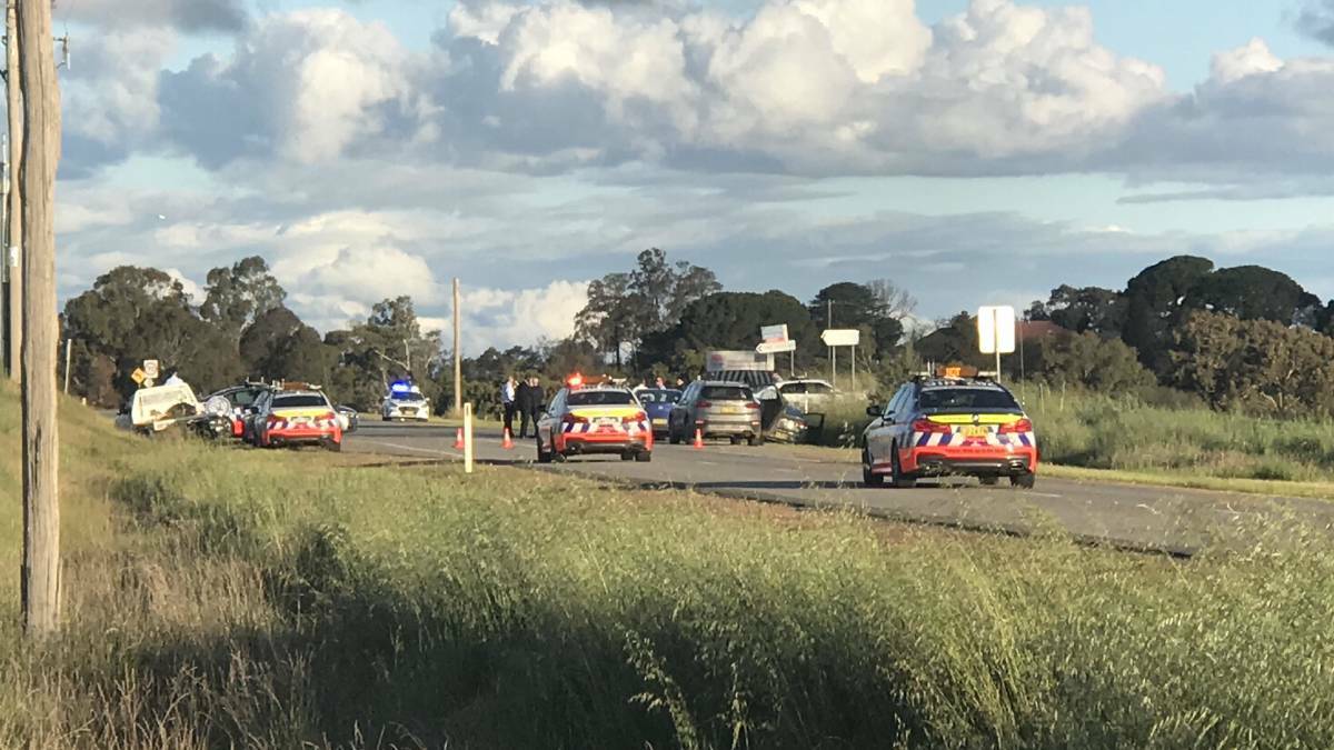 HEAVY PRESENCE: Numerous police, unmarked vehicle, Highway Patrol crews and paddy wagons allegedly engaged in a high-speed pursuit with a white utility along Old Narrandera Road about 4.45pm Sunday afternoon. Picture: Jessica McLaughlin
