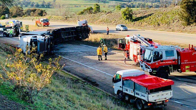 Emergency services at the scene of a truck crash on the Hume Highway near Yass on Tuesday morning. Picture: NSW Police Traffic and Highway Patrol Command