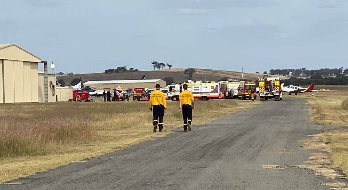 Emergency services at Wagga Airport after an emergency landing was made on Sunday afternoon. Picture: Annie Lewis
